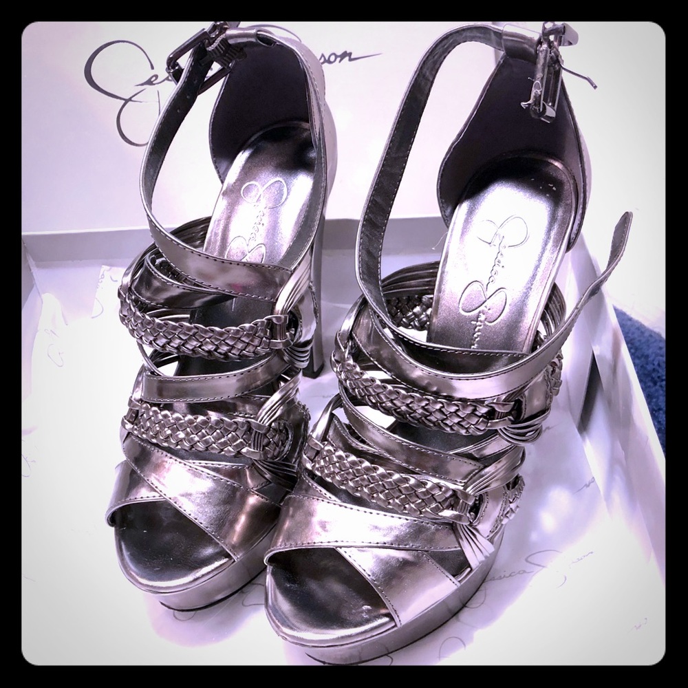 Jessica Simpson silver platform heels